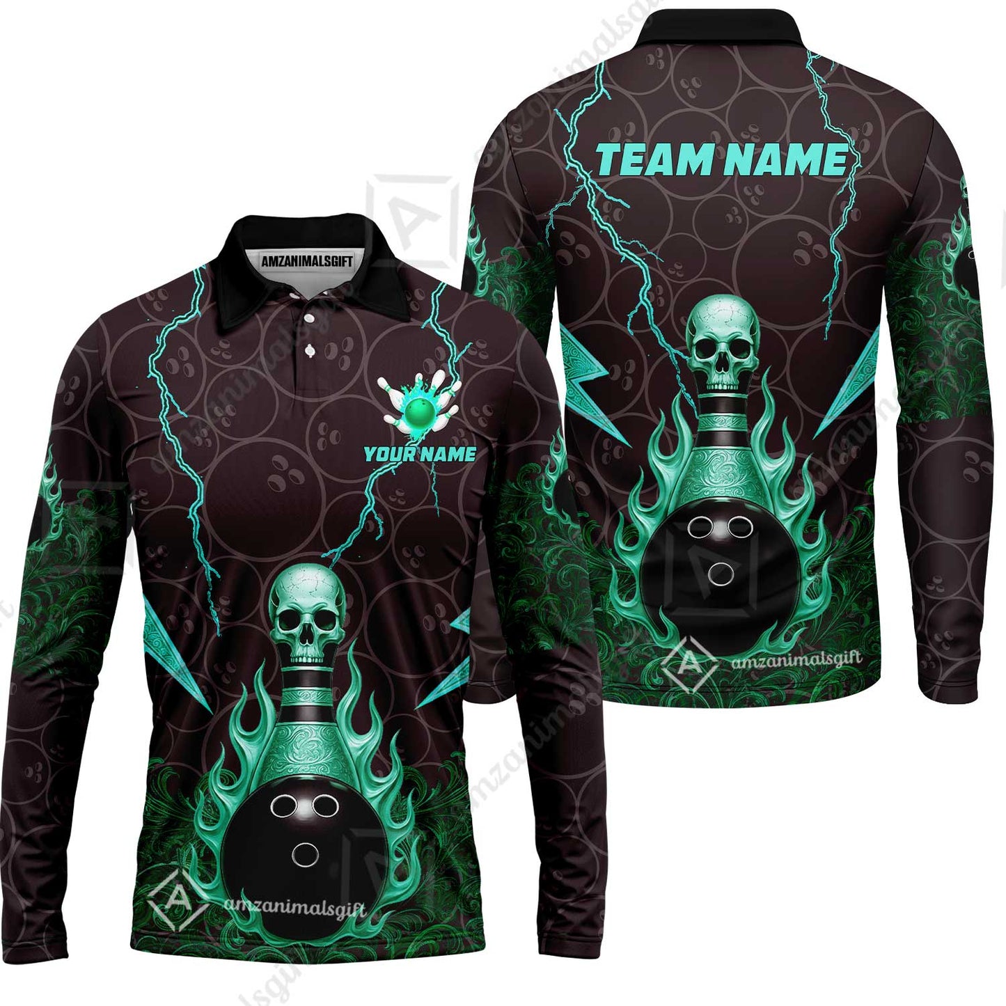 Custom Bowling Team Unisex Polo Shirt, Thunder Skull Strike Personalized Team Shirt, Custom Name and Team Name for Bowlers