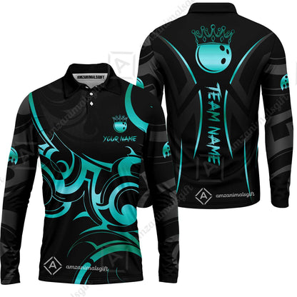 Customized Bowling Team Long Sleeve Polo Shirt, Bowling Swirling Fire Flames Gold And Black Style Long Sleeve Polo Shirt