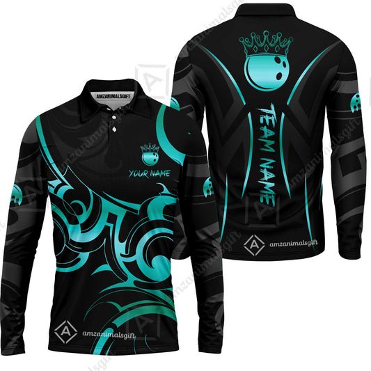 Customized Bowling Team Long Sleeve Polo Shirt, Bowling Swirling Fire Flames Gold And Black Style Long Sleeve Polo Shirt