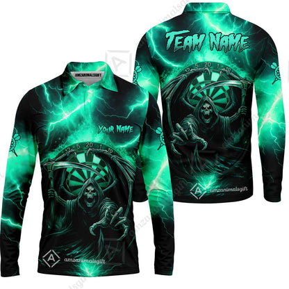 Customized Darts Long Sleeve Polo Shirt, Darts Grim Reaper Thunder Lightning Turquoise And Blue Team Long Sleeve Polo Shirt Jersey For Darts Player