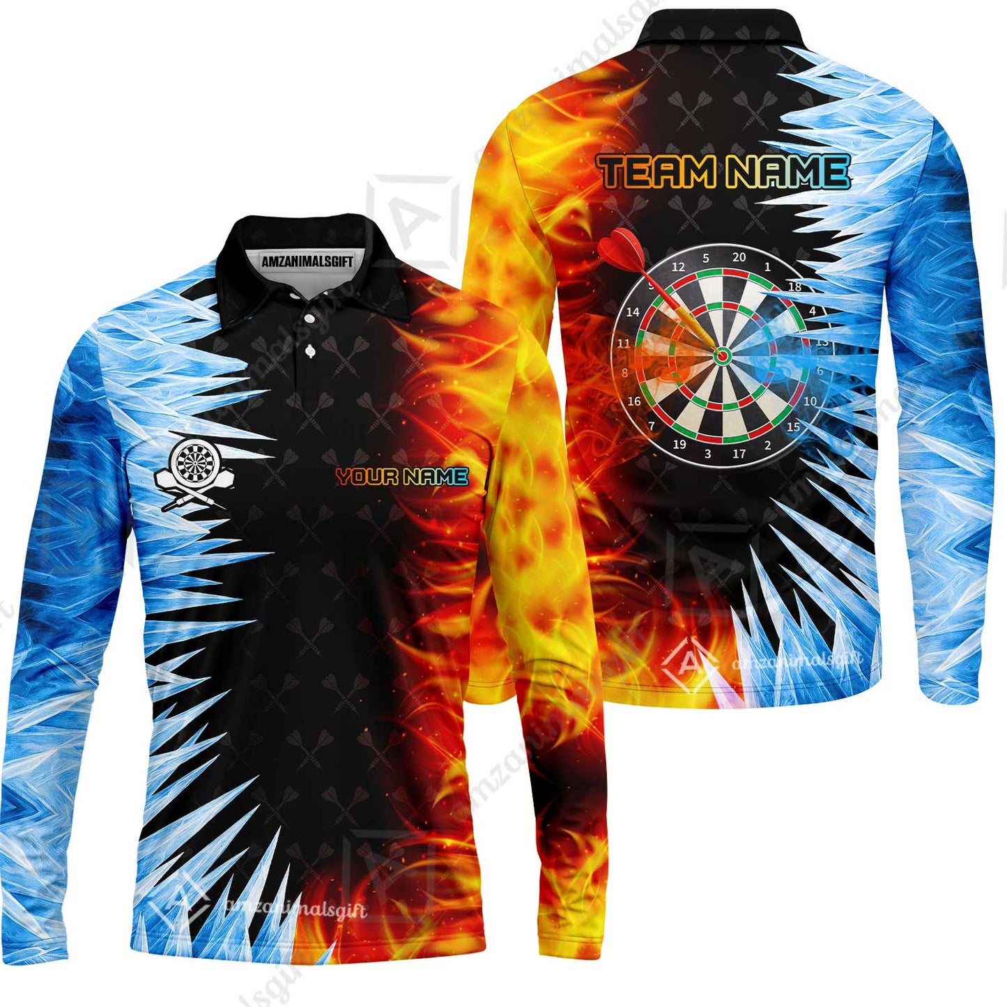Customized Darts Long Sleeve Polo Shirt, Darts Dartboard Ice And Fire Multicolor Custom Darts Long Sleeve Polo Shirt Team Jersey For Darts Players