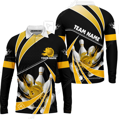 Customized Bowling Long Sleeve Polo Shirt, Bowling Ball & Pins Fire Light Sport Long Sleeve Polo Shirt Multicolor Option For Bowlers