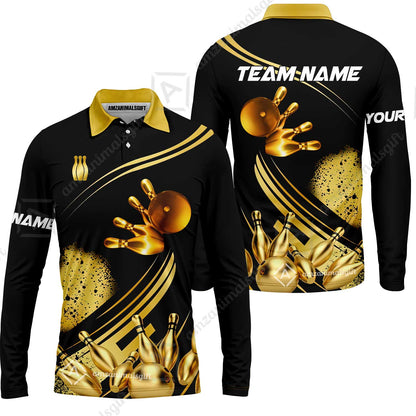 Custom Bowling Team Jerseys Polo Shirts, Bowling Uniforms Ball And Pins Ultimate Golden Multicolor Options Personalized Name And Team Name