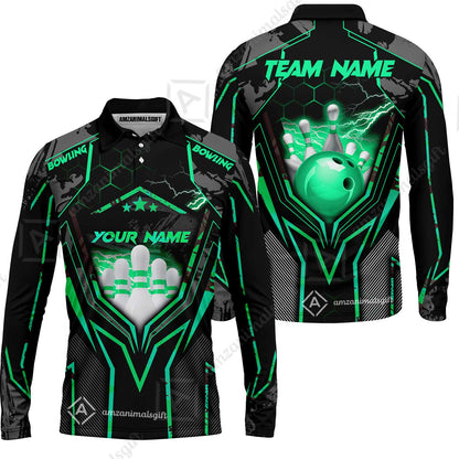 Customized Bowling Jersey, Bowling And Pins Abstract Grunge Texture X Multicolor Option Customized Name And Team Name Zipper Polo Jerseys Shirts