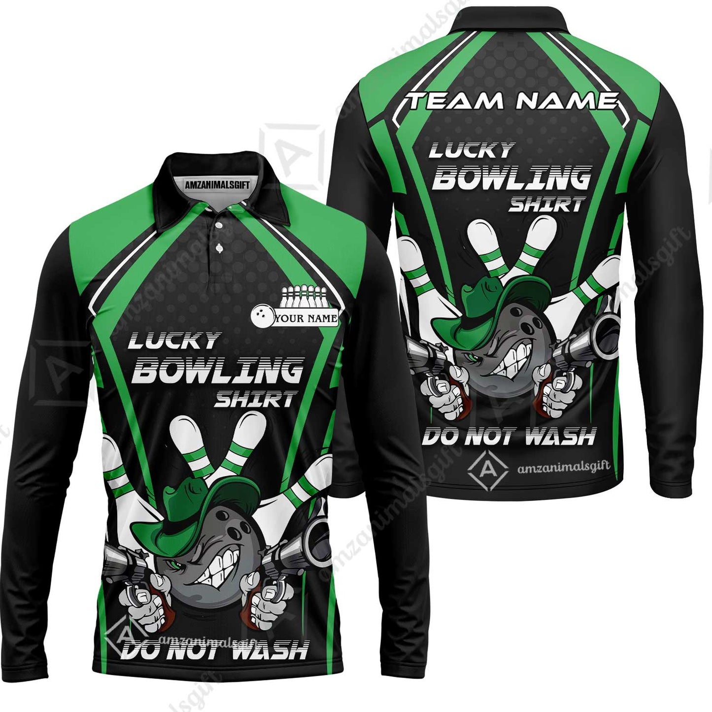 Customized Bowling Team Long Sleeve Polo Shirt, Lucky Bowling Shirt Do Not Wash Bowling Ball Aiming Guns, Personalized Name Bowling Shirt