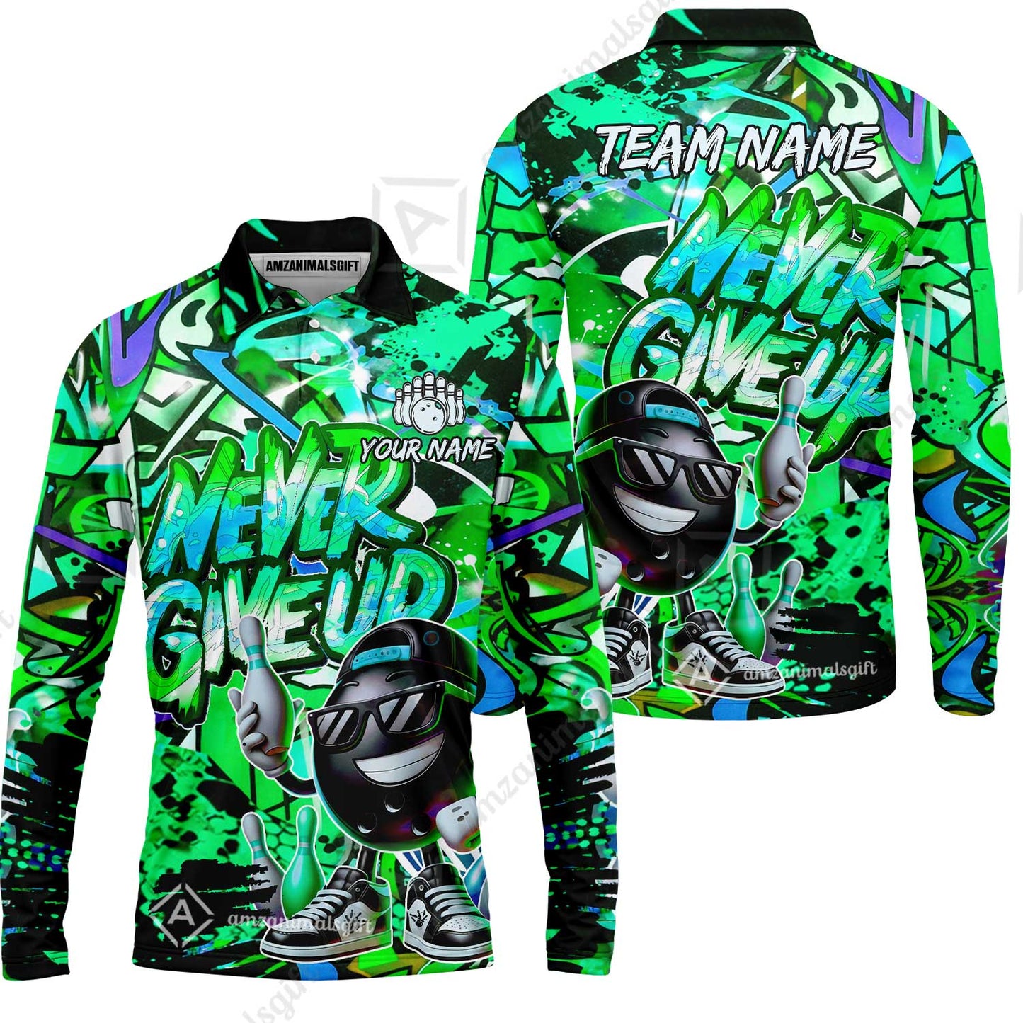 Customized Bowling Unisex Polo Shirt, Graffiti Bowling Funny Never Give Up Bowling Uniform, Personalized Name And Team Name