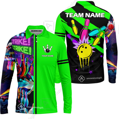 Custom Bowling Team Jersey Neon Bowling Strike Polo Shirts, Bowling Team Uniforms, Personalized Name And Team Name