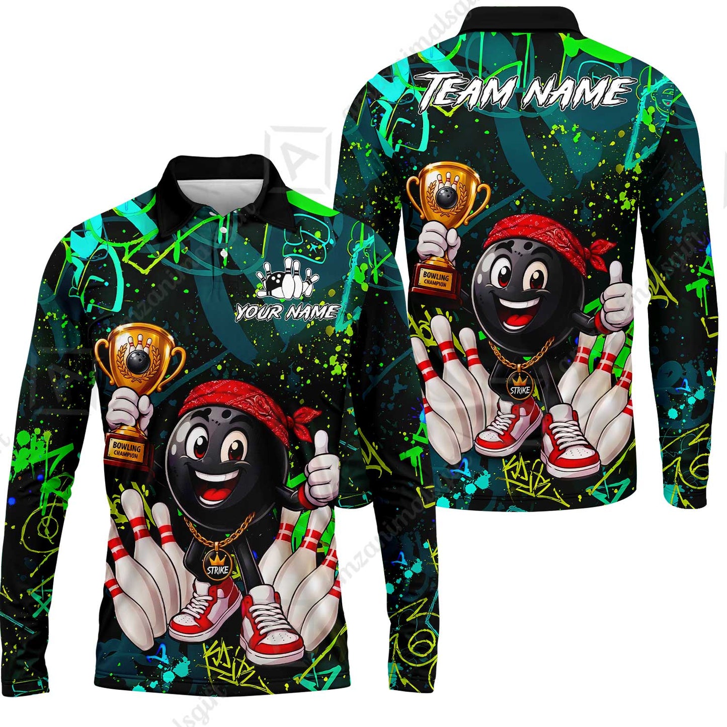 Custom Bowling Jersey Polo Shirt, Graffiti Champion, Custom Bowling Jersey Team Shirt For Players With Name & Team Name