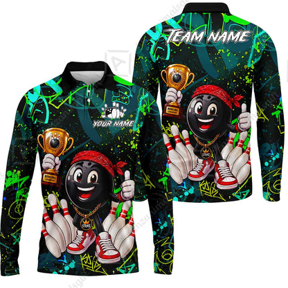 Custom Bowling Jersey Polo Shirt, Graffiti Champion, Custom Bowling Jersey Team Shirt For Players With Name & Team Name