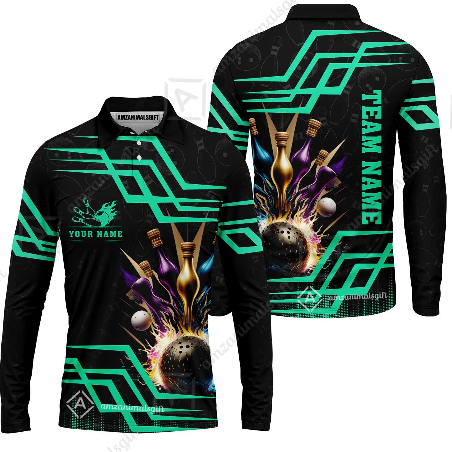 Customized Bowling Unisex Polo, Bowling And Pins Royal Multicolor Option Customized Name And Team Name For Bowling Team