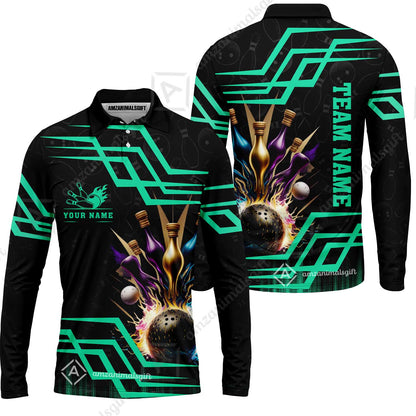 Customized Bowling Unisex Polo, Bowling And Pins Royal Multicolor Option Customized Name And Team Name For Bowling Team