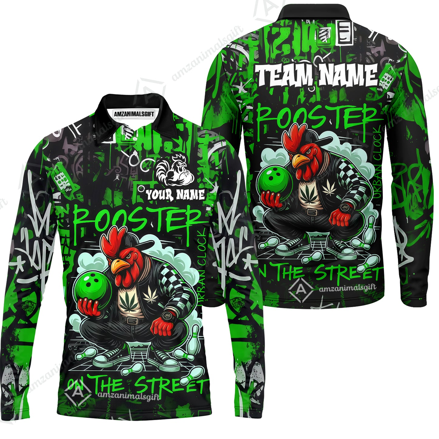 Customized Bowling Unisex Polo Shirt, Urban Streetwear Chicken Bowling Rooster On The Street, Personalized Name Team Name