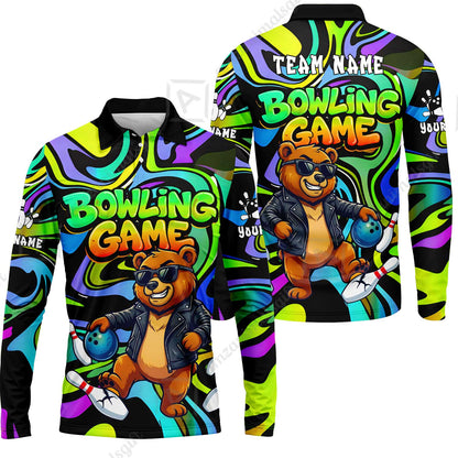Custom Bowling Jersey Polo Shirt, Trippy Swirl Rocker Bear Graffiti Style, Custom Bowling Jersey Team Shirt For Players With Name & Team Name