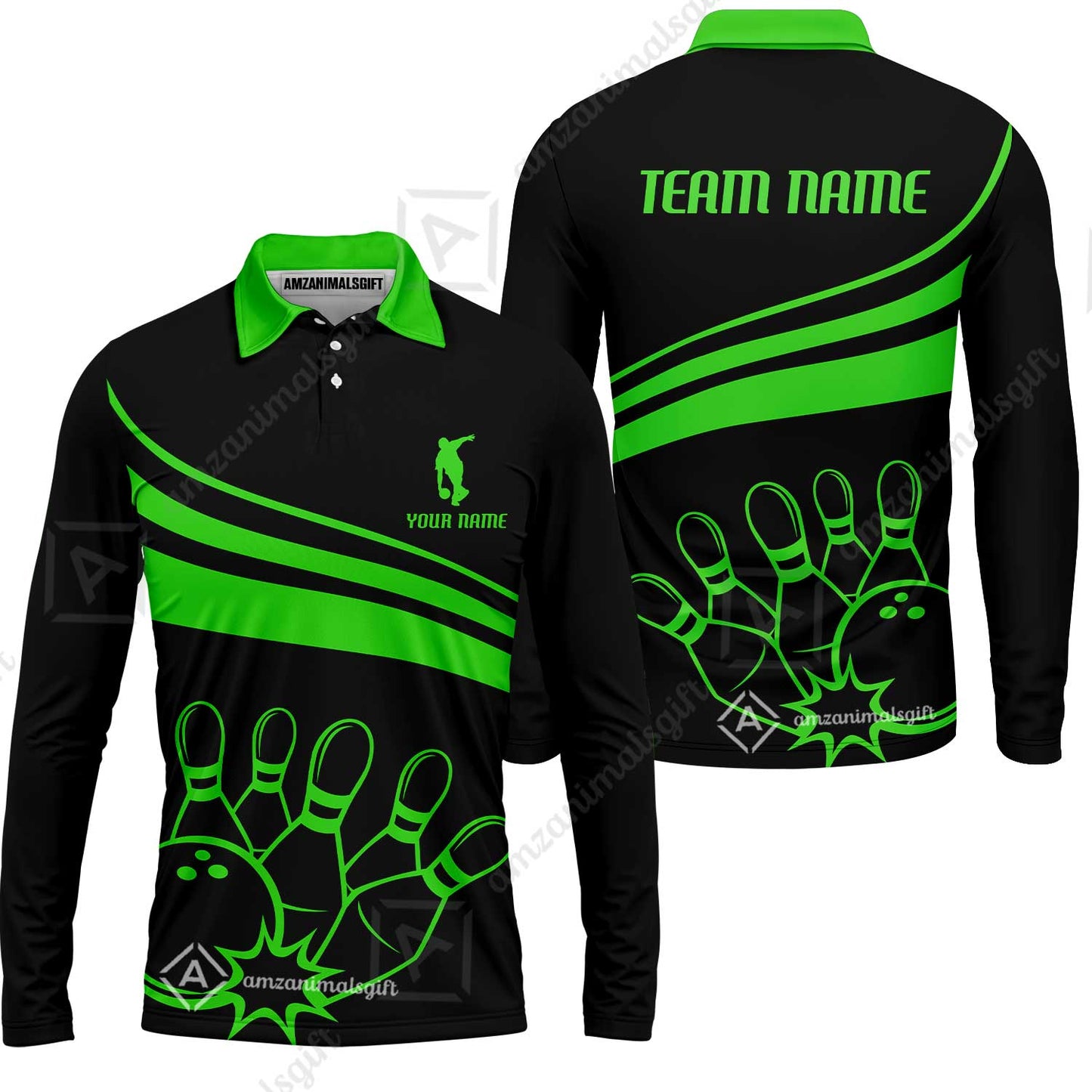 Bowling Customized Jersey Black Shirt Green Curve Bowling Tenpin Quarter Zip Shirt, Outfit For Bowlers, Bowling Team