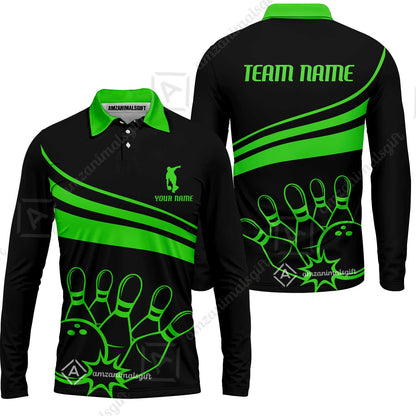 Bowling Customized Jersey Black Shirt Green Curve Bowling Tenpin Quarter Zip Shirt, Outfit For Bowlers, Bowling Team