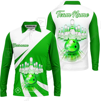 Bowling Customized Jersey White Green Shirt Rolling Bowling Tenpin Quarter Zip Shirt, Outfit For Bowlers, Bowling Team