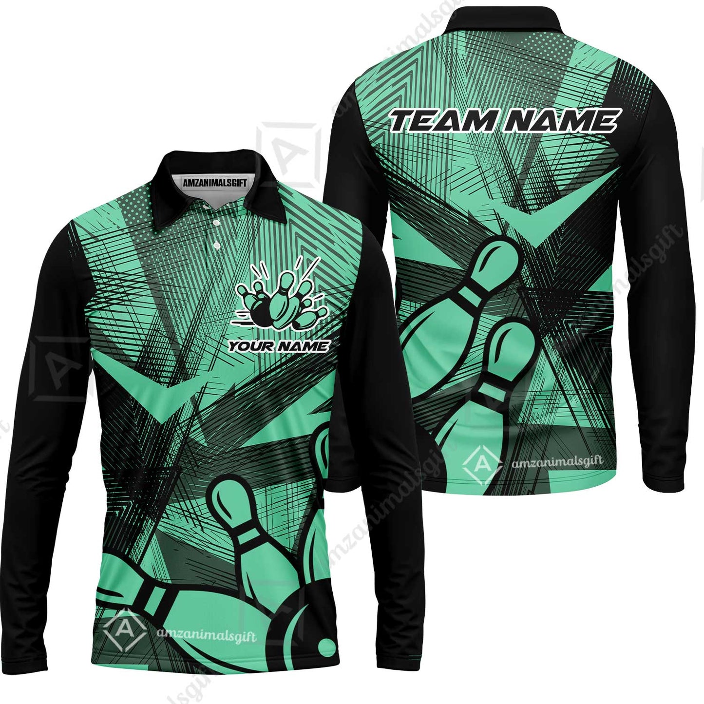 Customized Bowling Long Sleeve Polo Shirt, Bowling Ball And Pins Esports Pattern Long Sleeve Polo Shirt Uniform For Bowlers