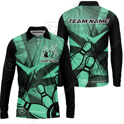 Customized Bowling Long Sleeve Polo Shirt, Bowling Ball And Pins Esports Pattern Long Sleeve Polo Shirt Uniform For Bowlers