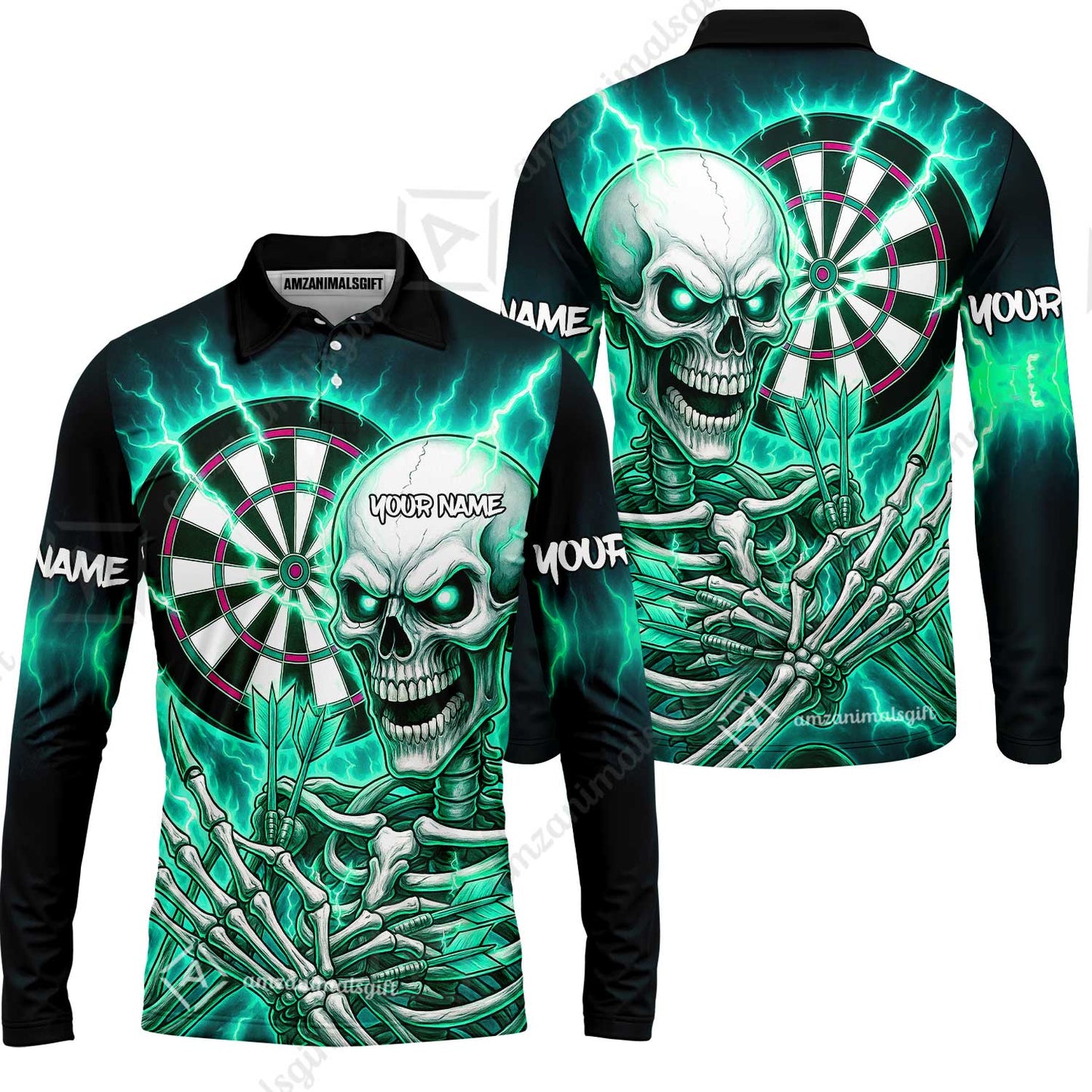 Custom Darts Team Long Sleeve Polo Shirt, Dartboard Electric Skeleton Darts Jersey Long Sleeve Polo Shirt, Custom Darts Uniforms Jersey