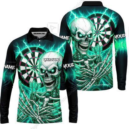 Custom Darts Team Long Sleeve Polo Shirt, Dartboard Electric Skeleton Darts Jersey Long Sleeve Polo Shirt, Custom Darts Uniforms Jersey