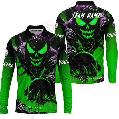 Custom Bowling Team Flat Neck Zip Jersey Shirt, Devil’s Strike Devil’s Strike Power Bowling Edition, Personalized Team Shirt with Custom Name