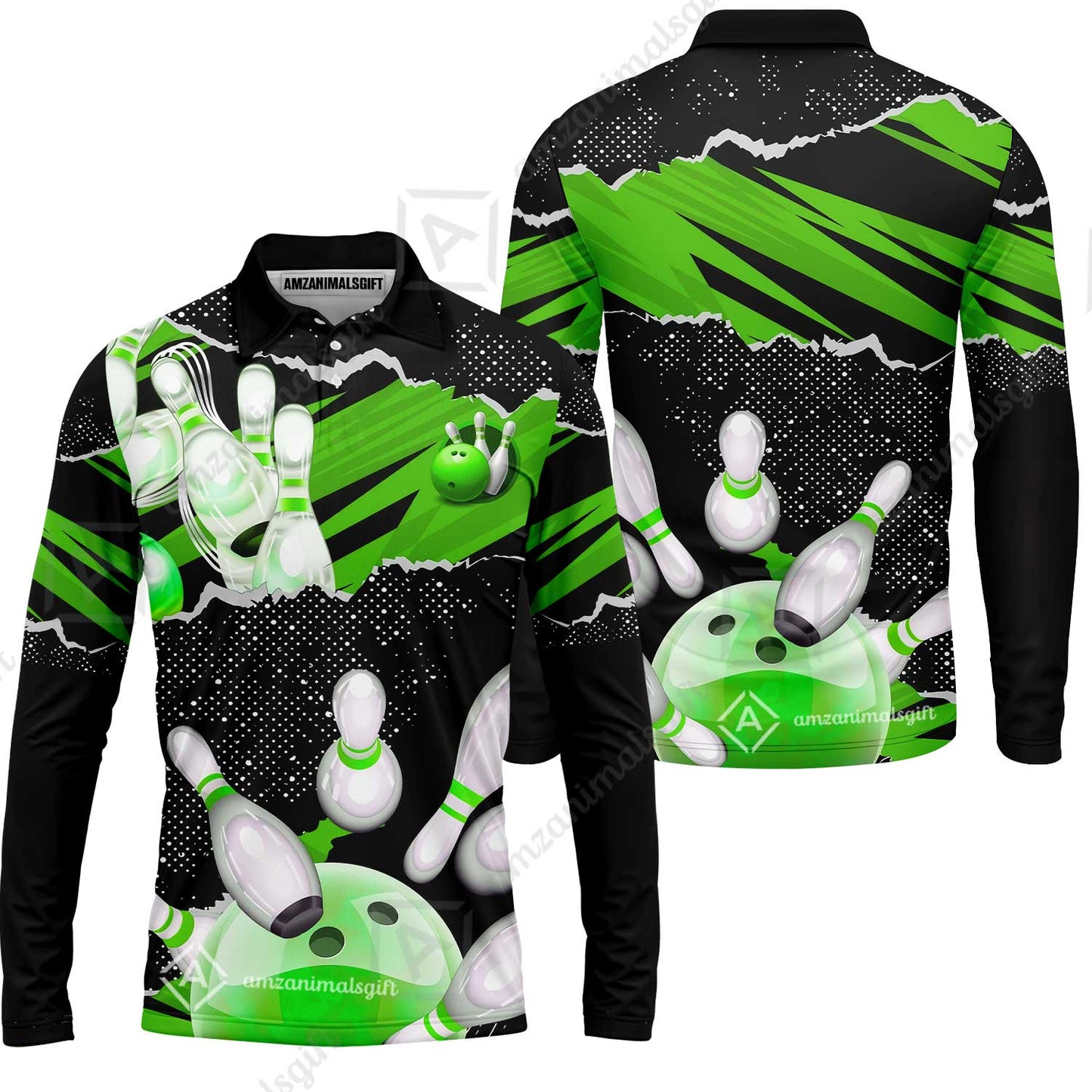 Personalized Bowling Team Long Sleeve Polo Shirt, Bowling Uniforms Ball & Pins Sport Pattern Custom Name And Team Name