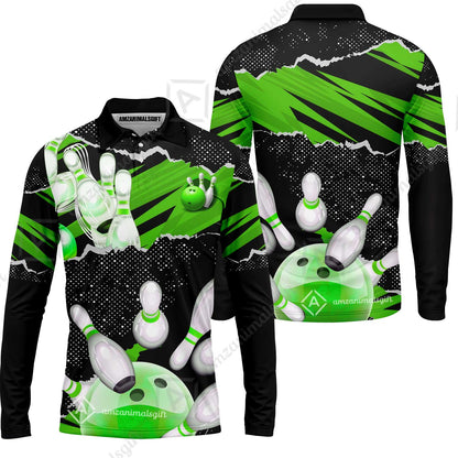 Personalized Bowling Team Long Sleeve Polo Shirt, Bowling Uniforms Ball & Pins Sport Pattern Custom Name And Team Name