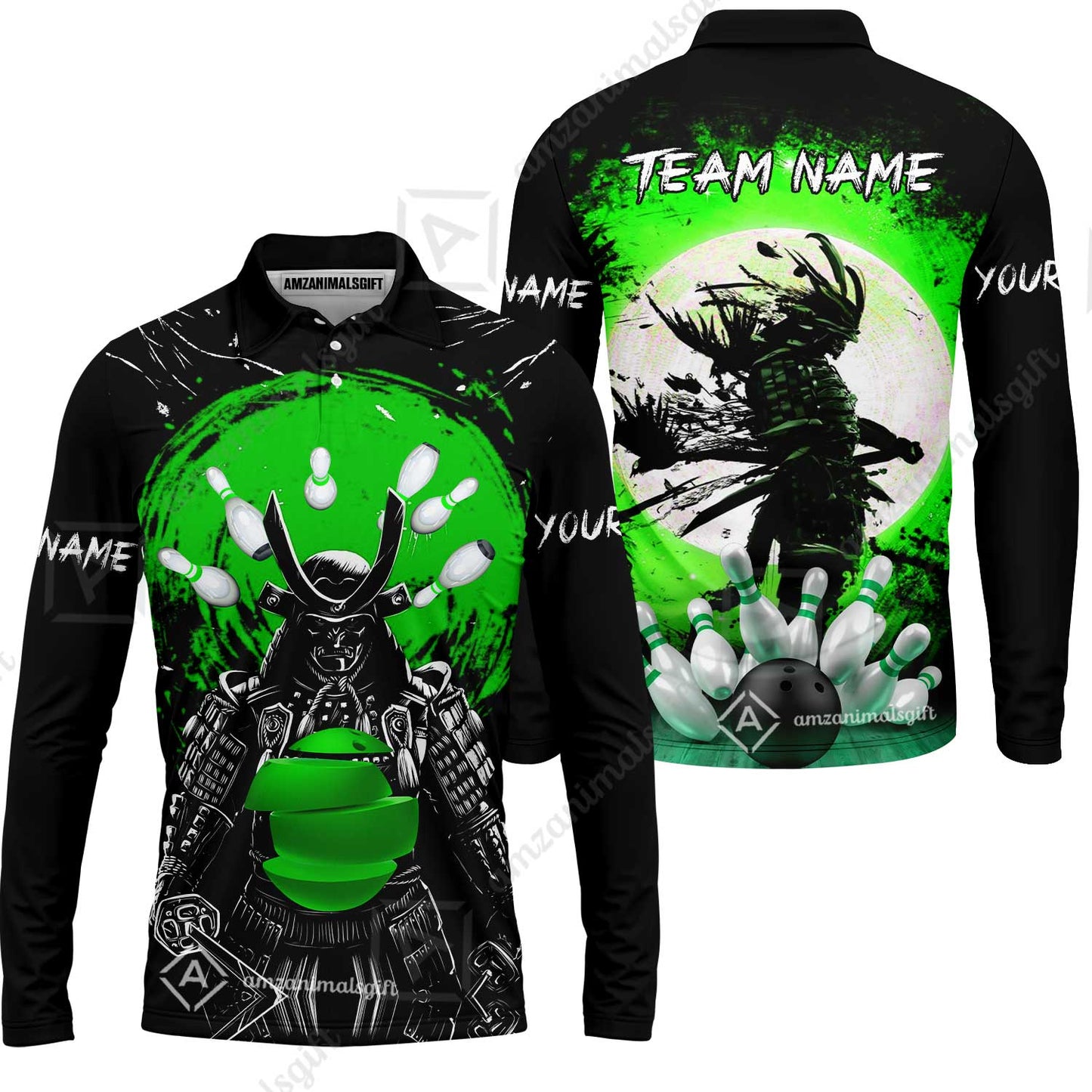 Custom Bowling Team Jerseys Polo Shirts, Bowling uniforms Ball And Pins Samurai Multicolor Options Personalized Name And Team Name