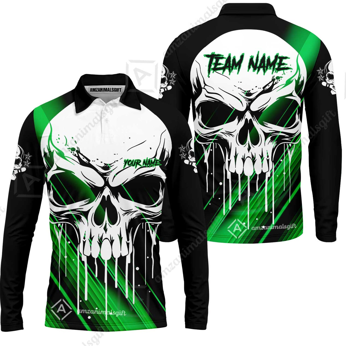 Customized Bowling Polo, Blue Skull Bowling Creepy Style Bowling jerseys Custom Name And Team Shirt