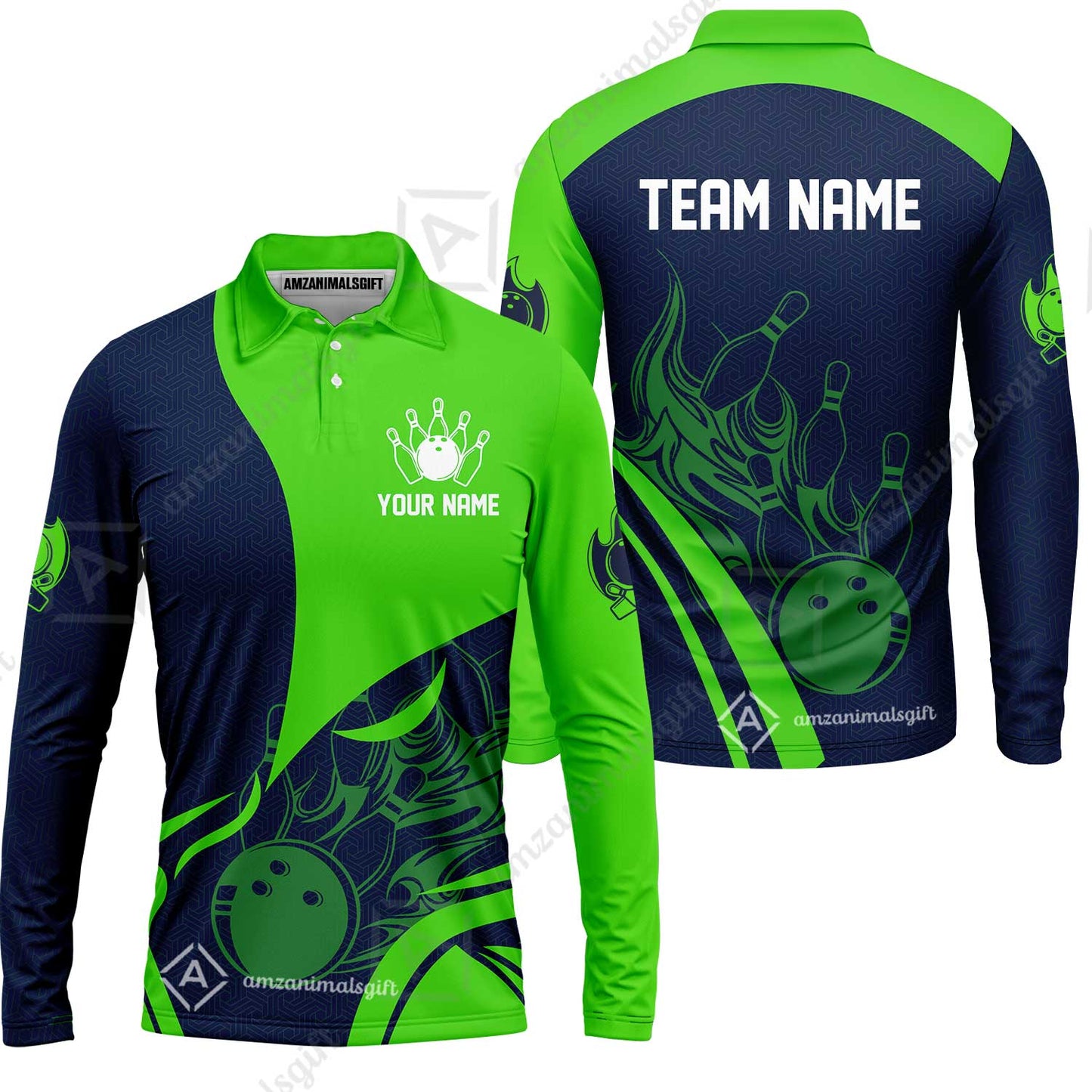 Customized Bowling Long Sleeve Polo Shirt, Flame Bowling Multicolor Custom Team Style Uniform Long Sleeve Polo Shirt, Outfit Jersey for Bowlers