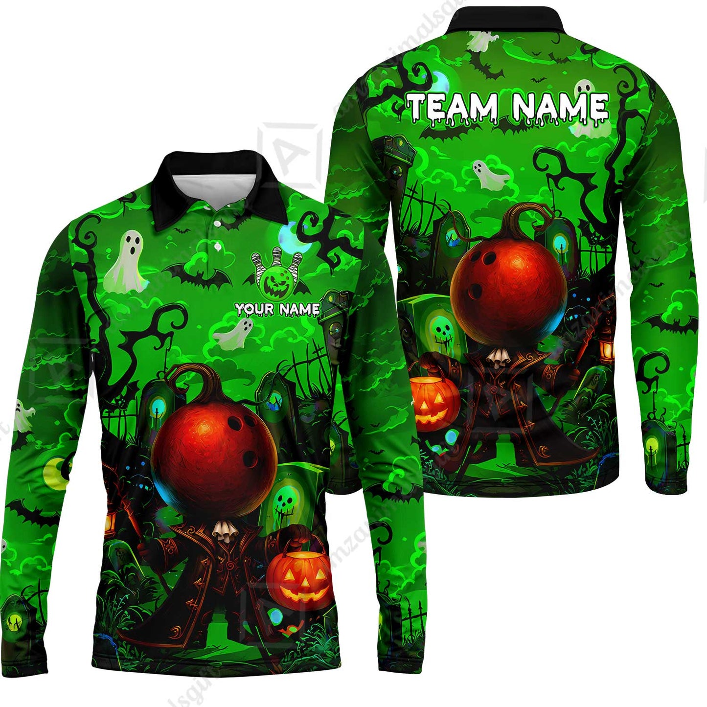 Custom Bowling Jersey Polo Shirt, Halloween Spooky Strike, Custom Bowling Jersey Team Shirt For Players With Name & Team Name