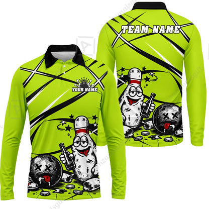 Custom Bowling Jersey Polo Shirt, Drunk Bowling Pin And Ball, Custom Bowling Jersey Team Shirt For Players With Name & Team Name