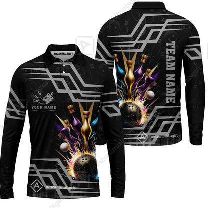 Customized Bowling Unisex Polo, Bowling And Pins Royal Multicolor Option Customized Name And Team Name For Bowling Team