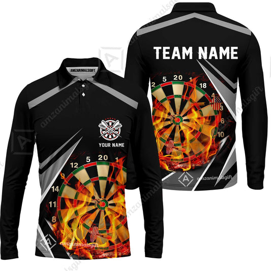 Customized Darts Team Long Sleeve Polo Shirt, Dartboard In Flame Shirt Personalized Name And Team Name For Darts League, Darts Team