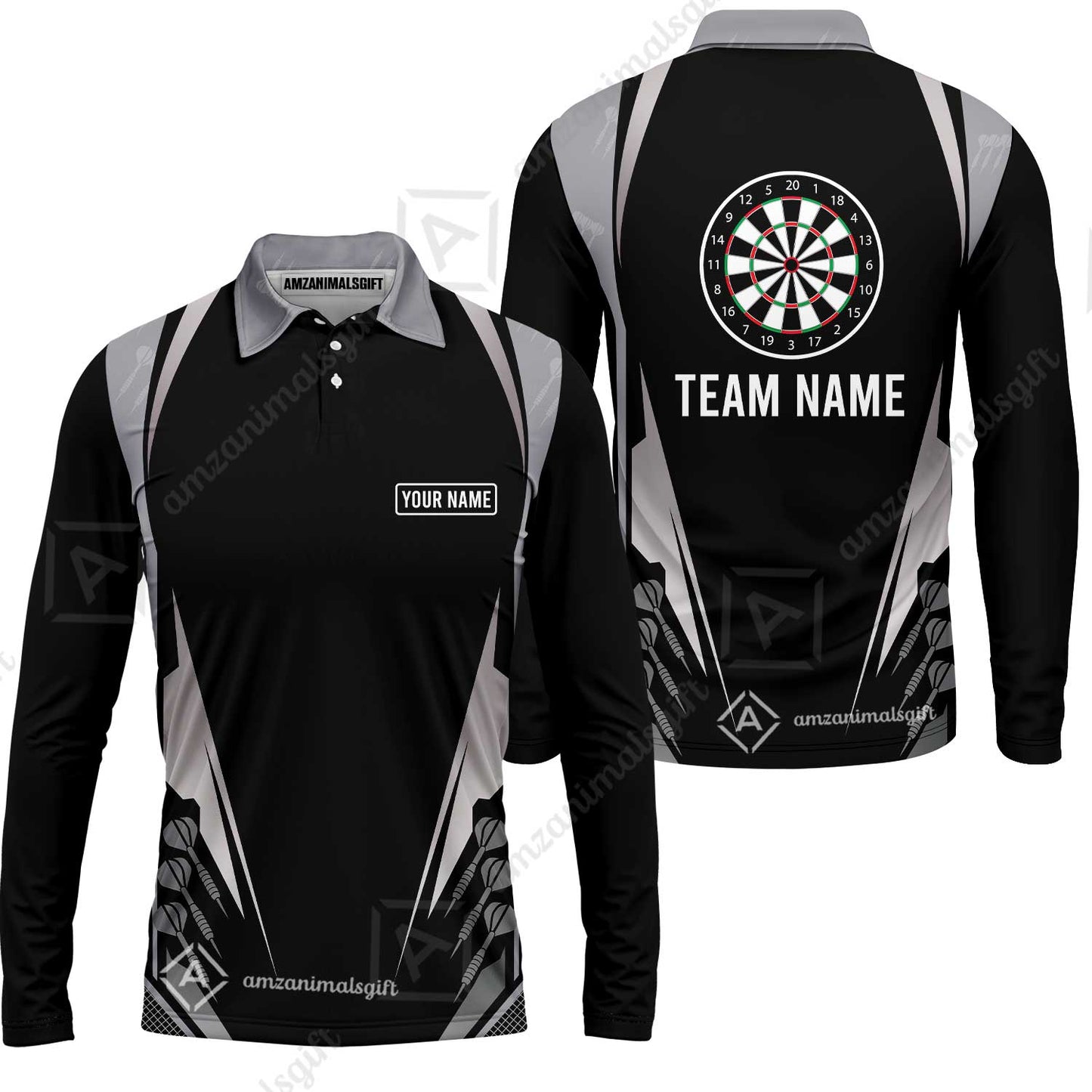Customized Darts Team Long Sleeve Polo Shirt, Dartboard Center Multicolor Option With Personalized Name And Team Name