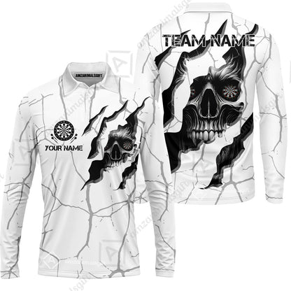 Customized Darts Long Sleeve Polo Shirt, Torn-Up Skull Dartboard Eyes Darts Team Style Long Sleeve Polo Shirt for Players, Jersey for Darts Players