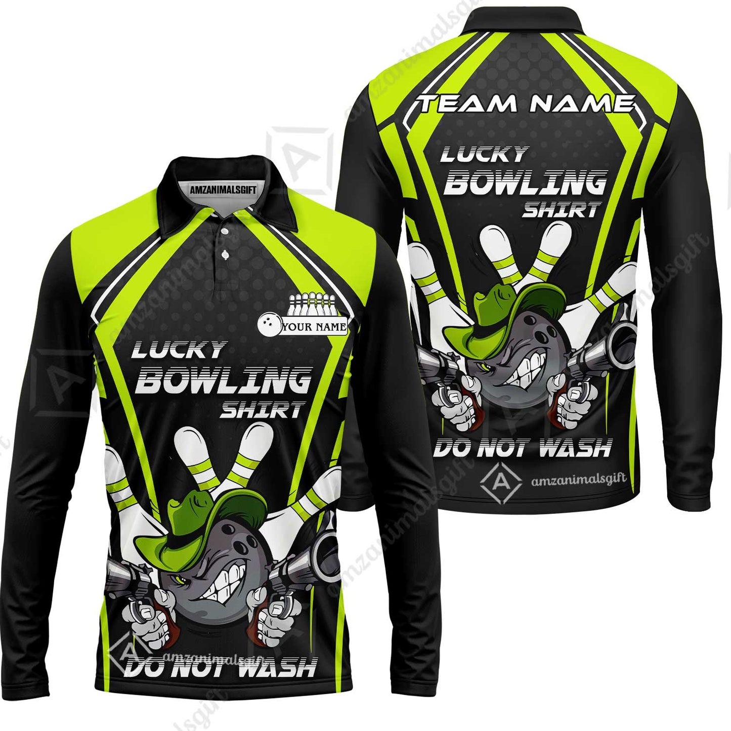 Customized Bowling Team Long Sleeve Polo Shirt, Lucky Bowling Shirt Do Not Wash Bowling Ball Aiming Guns, Personalized Name Bowling Shirt