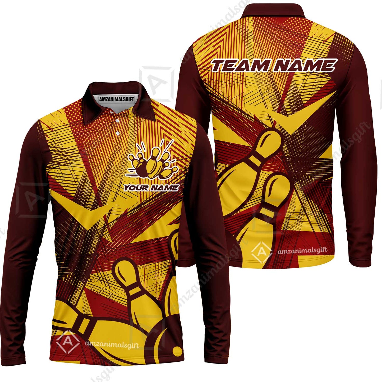 Customized Bowling Long Sleeve Polo Shirt, Bowling Ball And Pins Esports Pattern Long Sleeve Polo Shirt Uniform For Bowlers