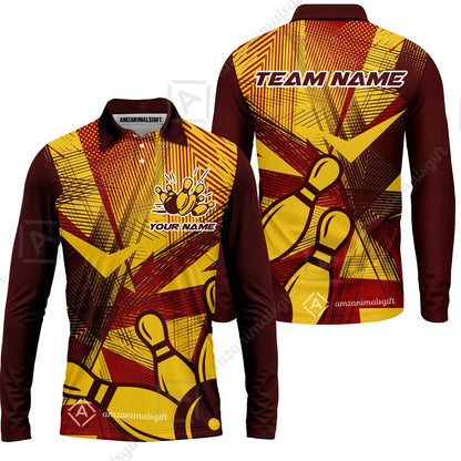 Customized Bowling Long Sleeve Polo Shirt, Bowling Ball And Pins Esports Pattern Long Sleeve Polo Shirt Uniform For Bowlers