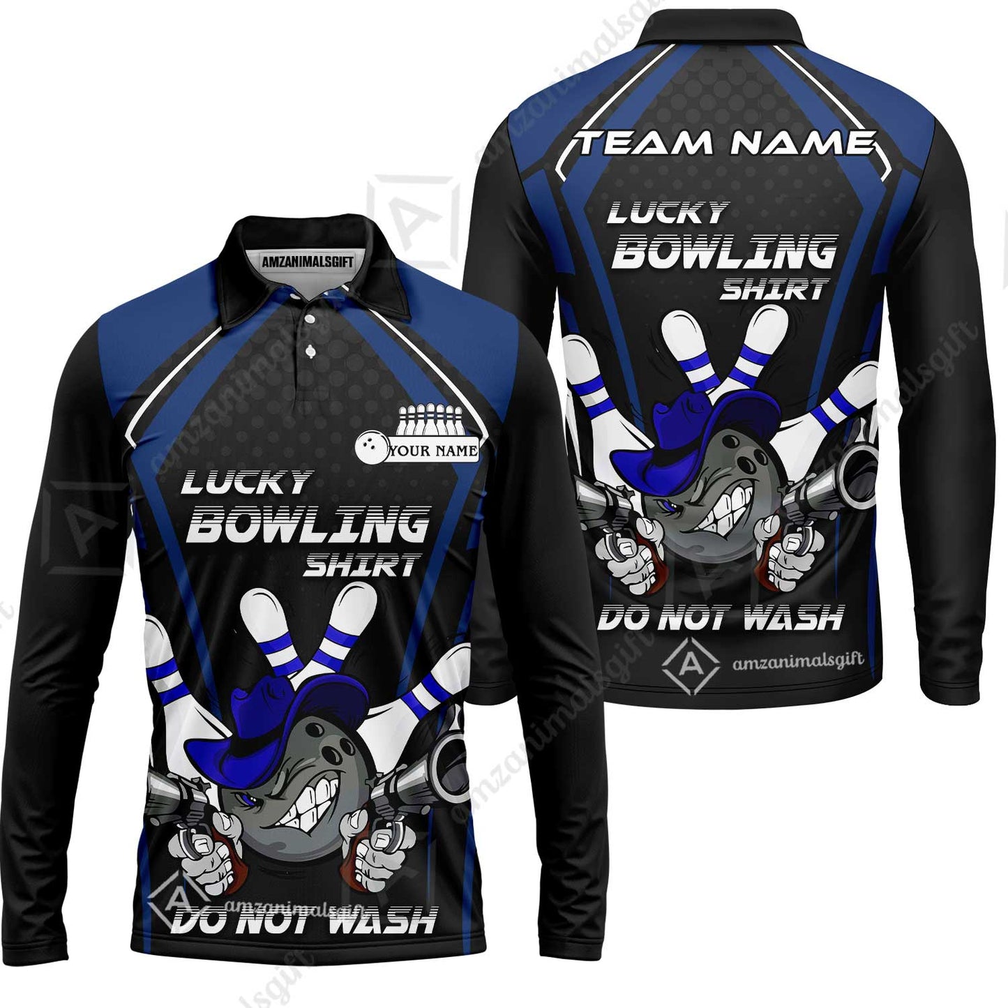 Customized Bowling Team Long Sleeve Polo Shirt, Lucky Bowling Shirt Do Not Wash Bowling Ball Aiming Guns, Personalized Name Bowling Shirt