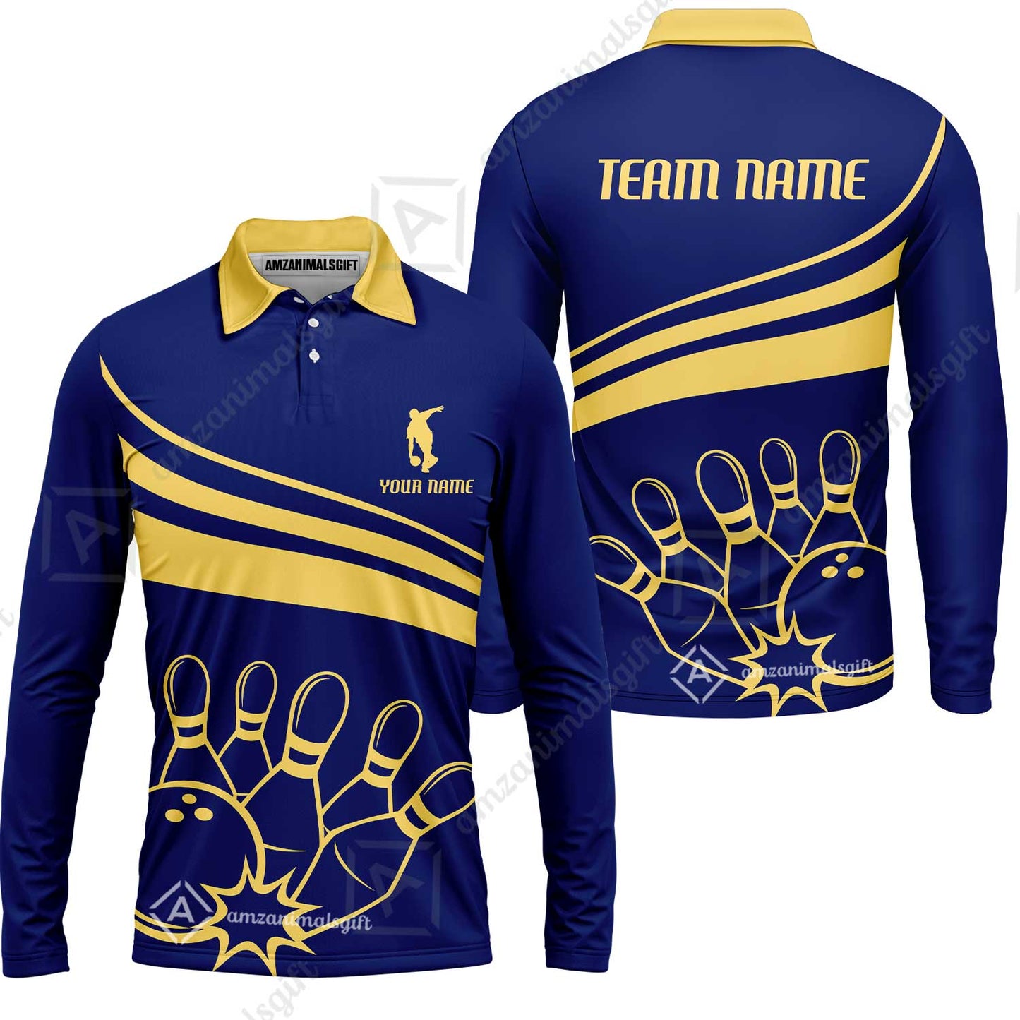 Bowling Customized Jersey Navy Shirt Gold Curve Bowling Tenpin Quarter Zip Shirt, Outfit For Bowlers, Bowling Team