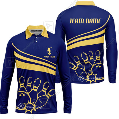 Bowling Customized Jersey Navy Shirt Gold Curve Bowling Tenpin Quarter Zip Shirt, Outfit For Bowlers, Bowling Team