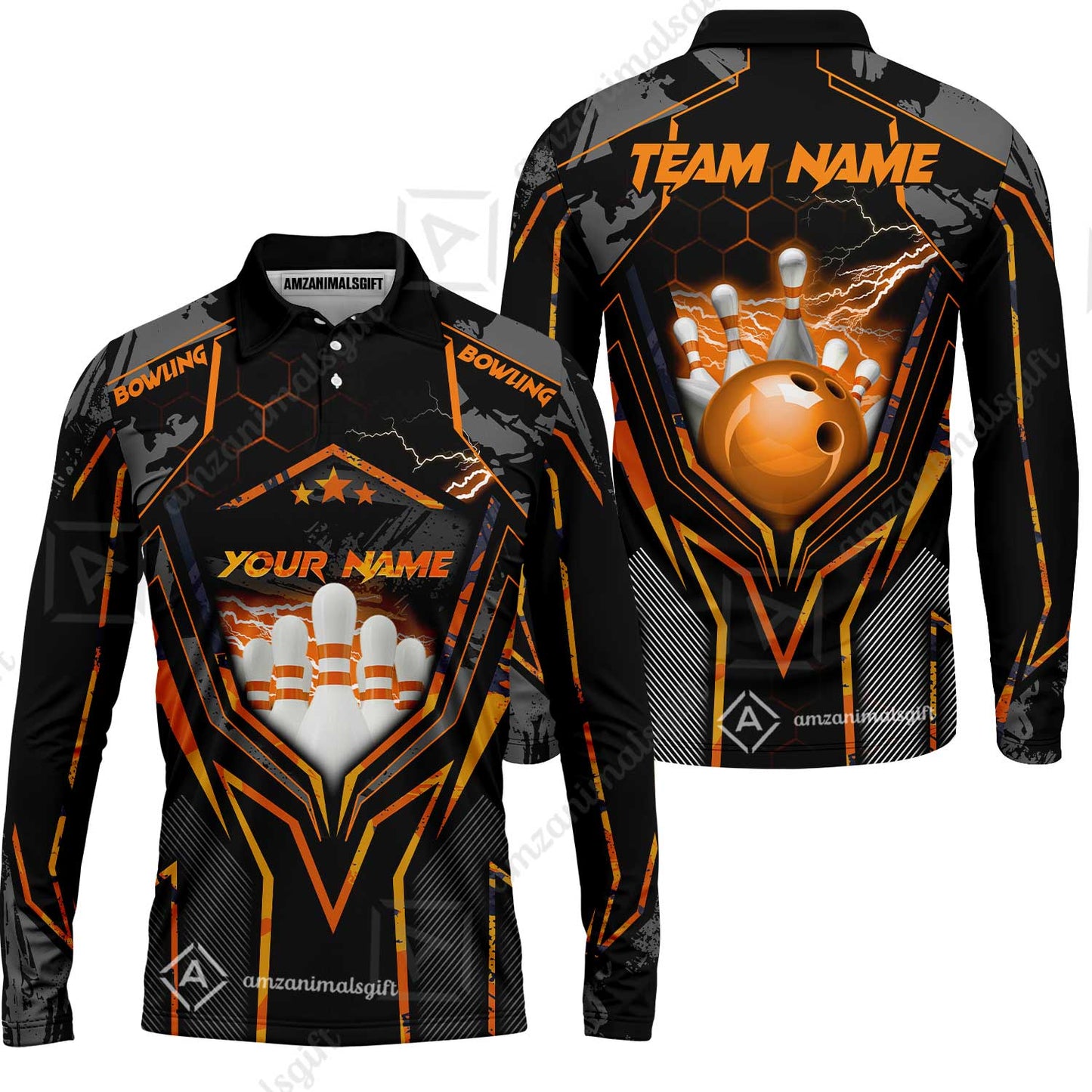 Customized Bowling Jersey, Bowling And Pins Abstract Grunge Texture X Multicolor Option Customized Name And Team Name Zipper Polo Jerseys Shirts