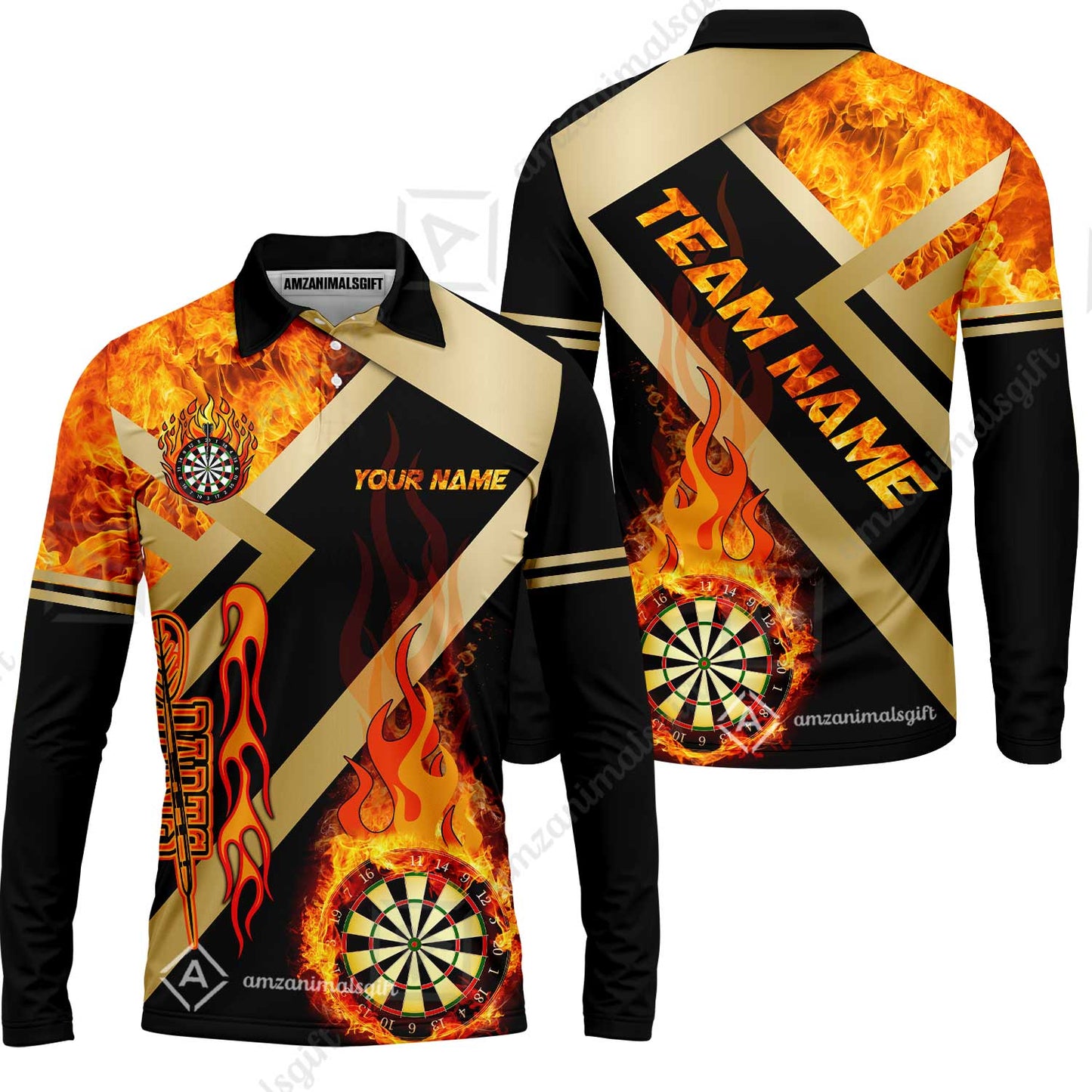 Customized Darts Long Sleeve Polo Shirt, Darts Dartboard Fire Flame Multicolor Jersey For Darts Players, Custom Team Darts