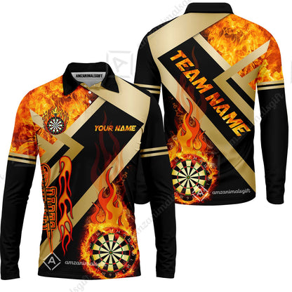 Customized Darts Long Sleeve Polo Shirt, Darts Dartboard Fire Flame Multicolor Jersey For Darts Players, Custom Team Darts