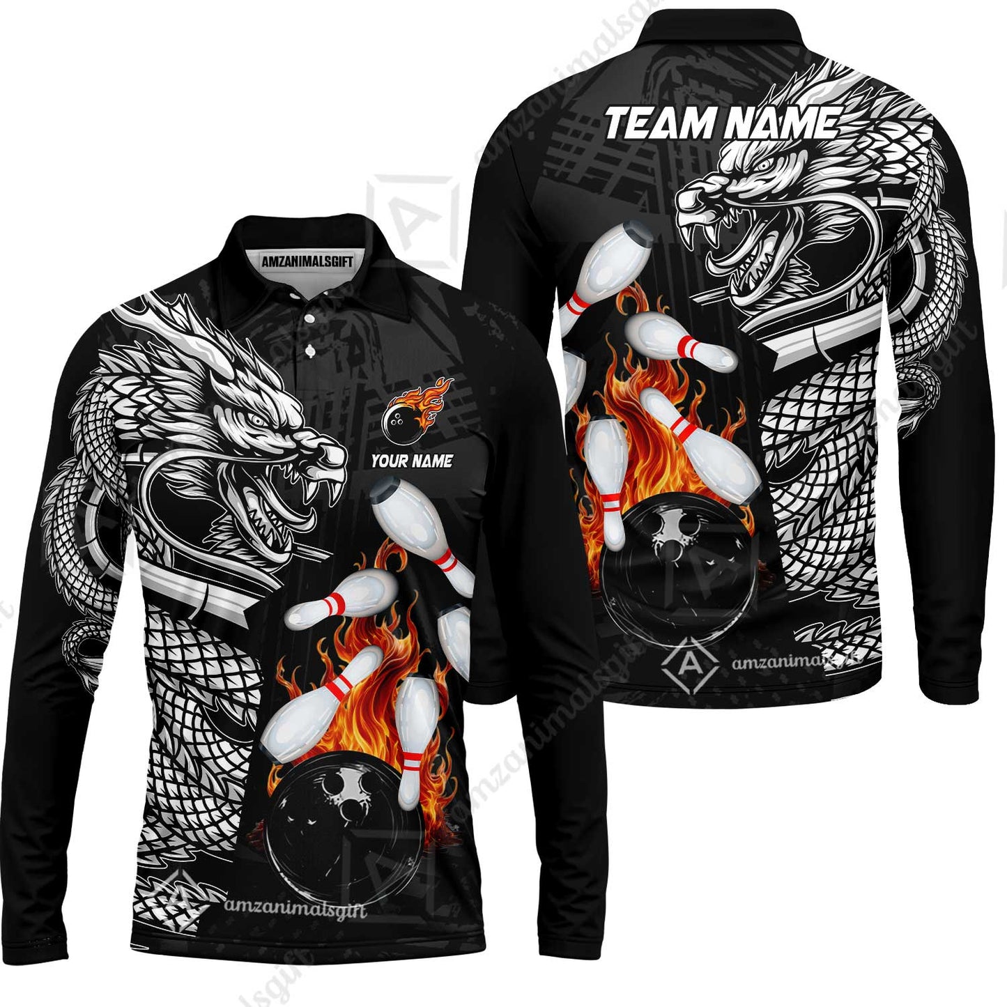 Custom Bowling Team Jerseys Polo Shirts, Bowling uniforms Bowling & Pins Dragon Flame Fire Multicolor Options Personalized Name And Team Name