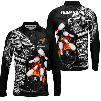 Custom Bowling Team Jerseys Polo Shirts, Bowling uniforms Bowling & Pins Dragon Flame Fire Multicolor Options Personalized Name And Team Name