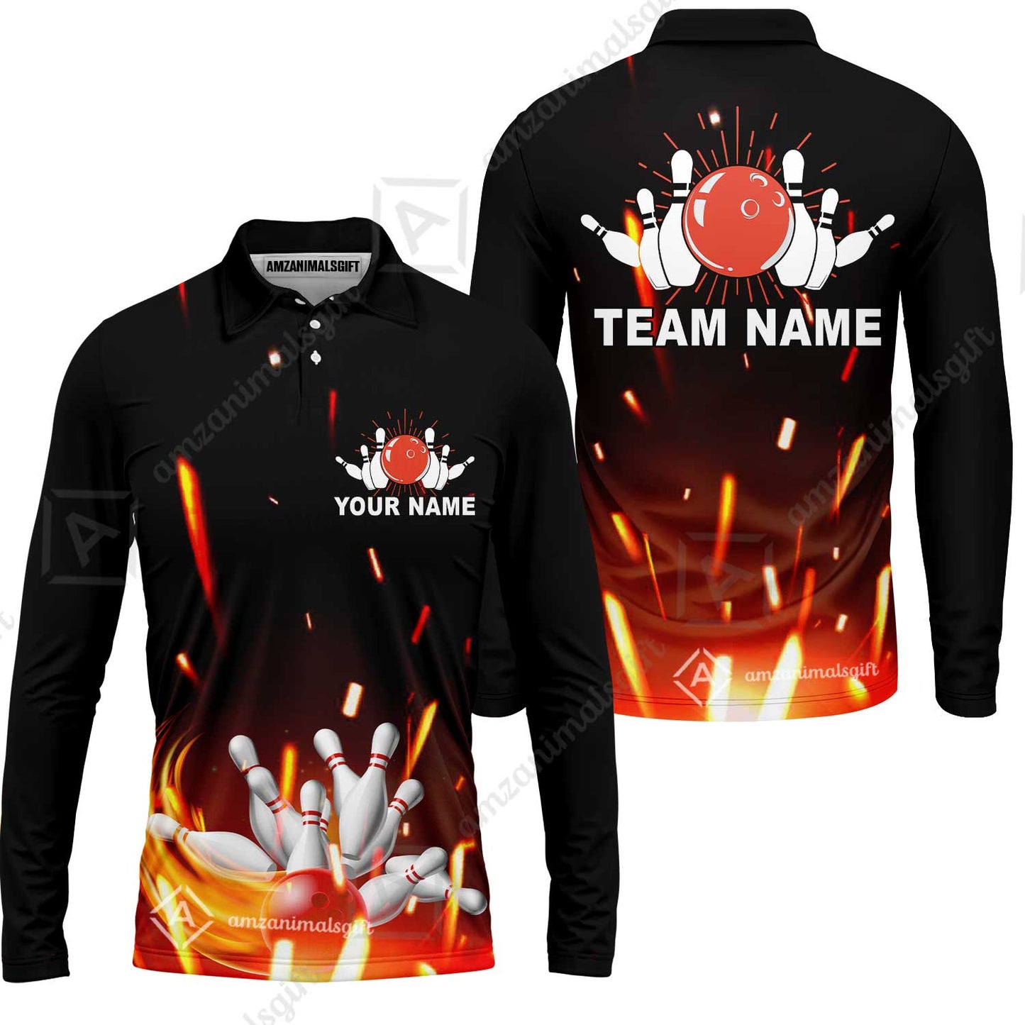 Custom Bowling Team Jerseys Polo Shirts, Bowling uniforms Flame Bowling Ball And Pins Short Sleeve Polo For Men Women Bowlers