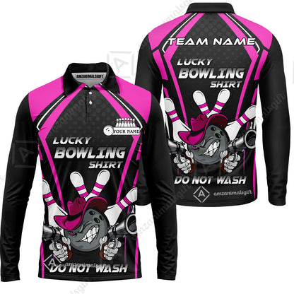 Customized Bowling Team Long Sleeve Polo Shirt, Lucky Bowling Shirt Do Not Wash Bowling Ball Aiming Guns, Personalized Name Bowling Shirt