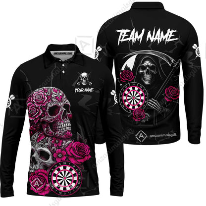 Customized Darts Long Sleeve Polo Shirt, Darts Turquoise Skull Roses Dartboard Zip Polo Style Jersey for Darts Players